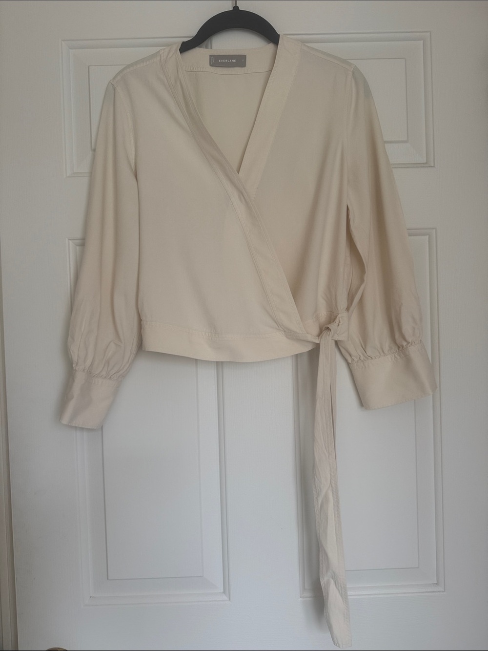 EVERLANE Silk-Blend Cream Wrap Blouse - Women's Top - Picture 4 of 10